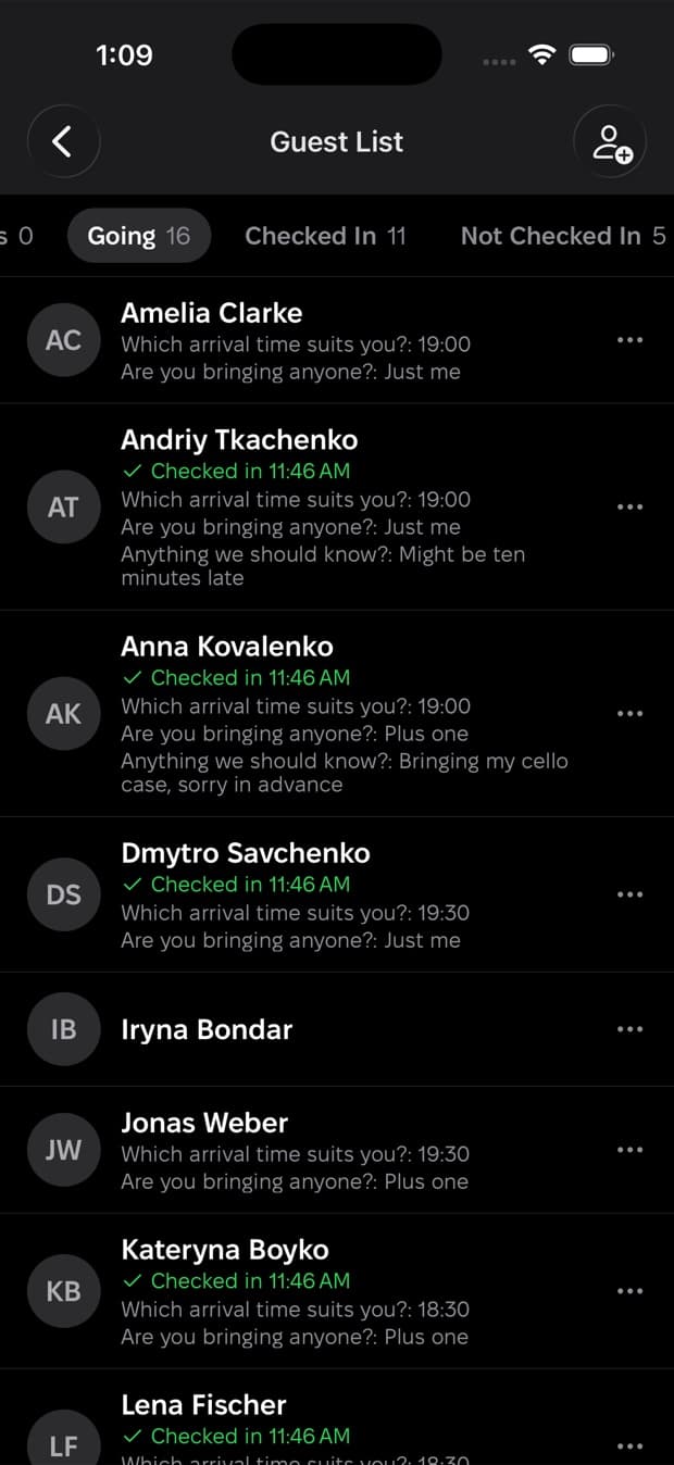 Список гостей у Nook: біля кожної відповіді видно, що саме гість відповів.
